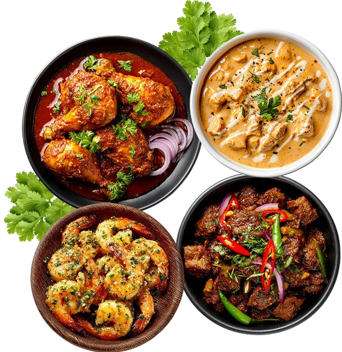 Chicken curry, prawns, beef fry and korma